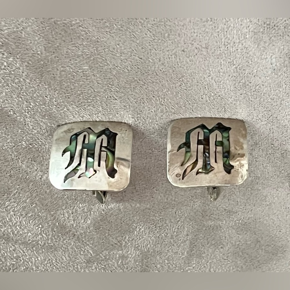 Vintage Rancho Alegre cuff links sterling silver abalone initial M, beautiful - Picture 2 of 8